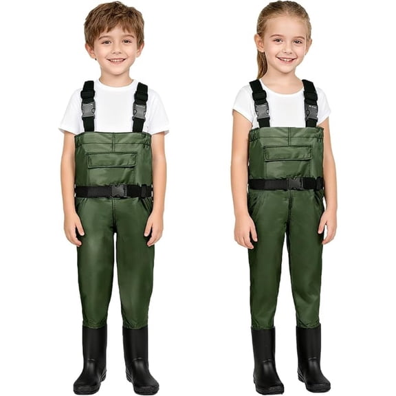 Kids Waders Waterproof PVC All-in-One with Adjustable Straps for Toddler,Non-Slip Boots,Outdoor Play,Fishing,Rain,Mud