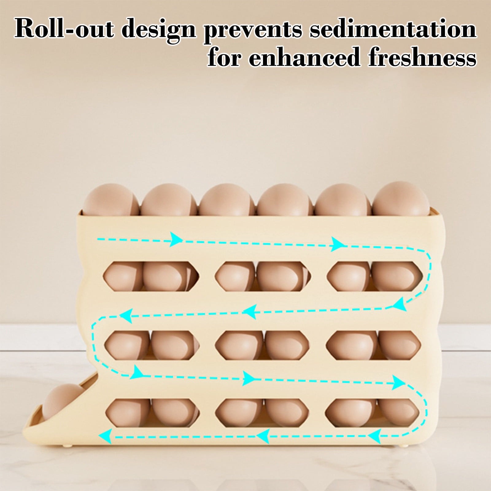 Votnto 30-Count Automatic Rolling Egg Dispenser, 4-Tier Refrigerator Egg Holder Organizer (White/Khaki/Gray)