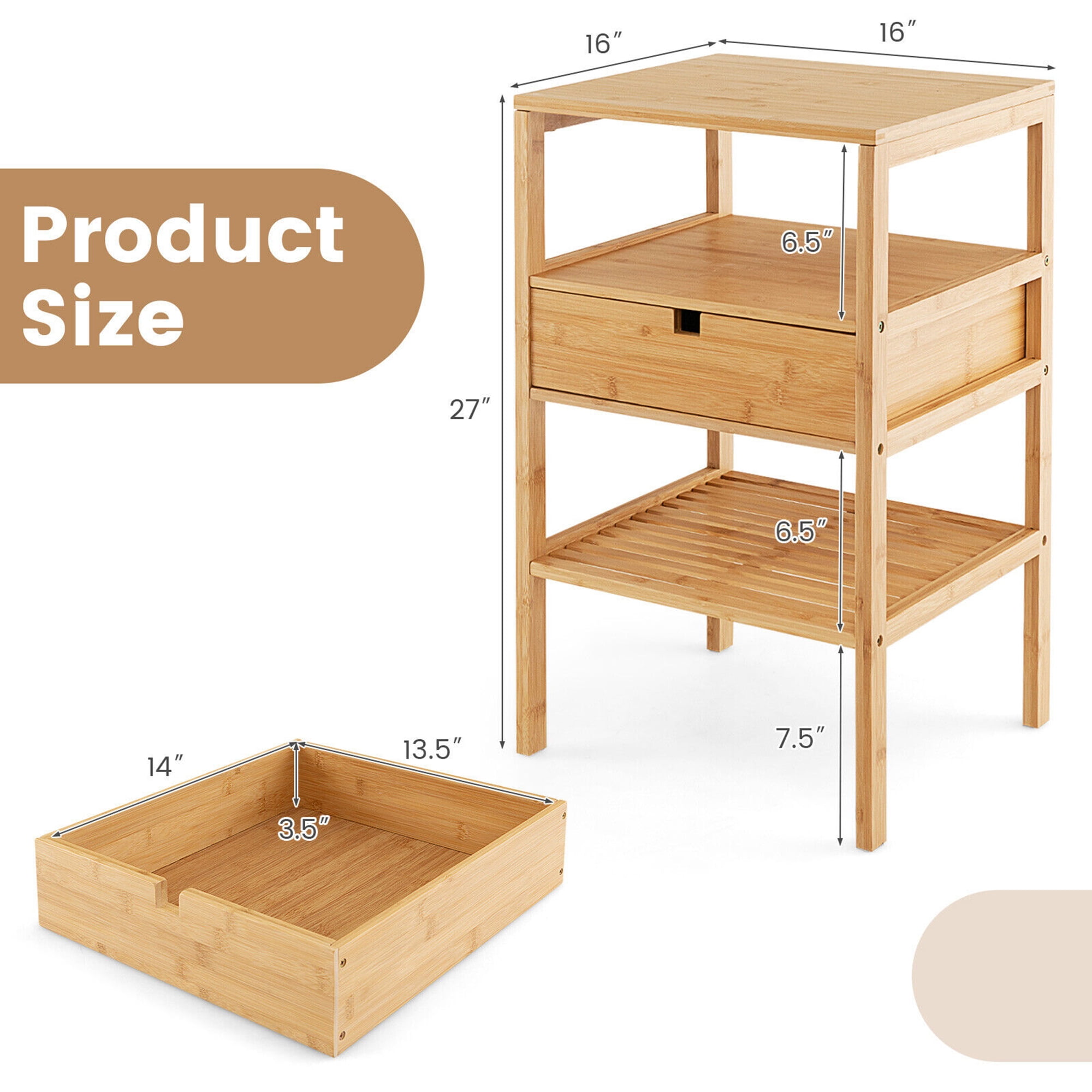 Gymax Bamboo Nightstands Set of 2 w/ Pull-out Drawer and Storage Shelf Wood Natural