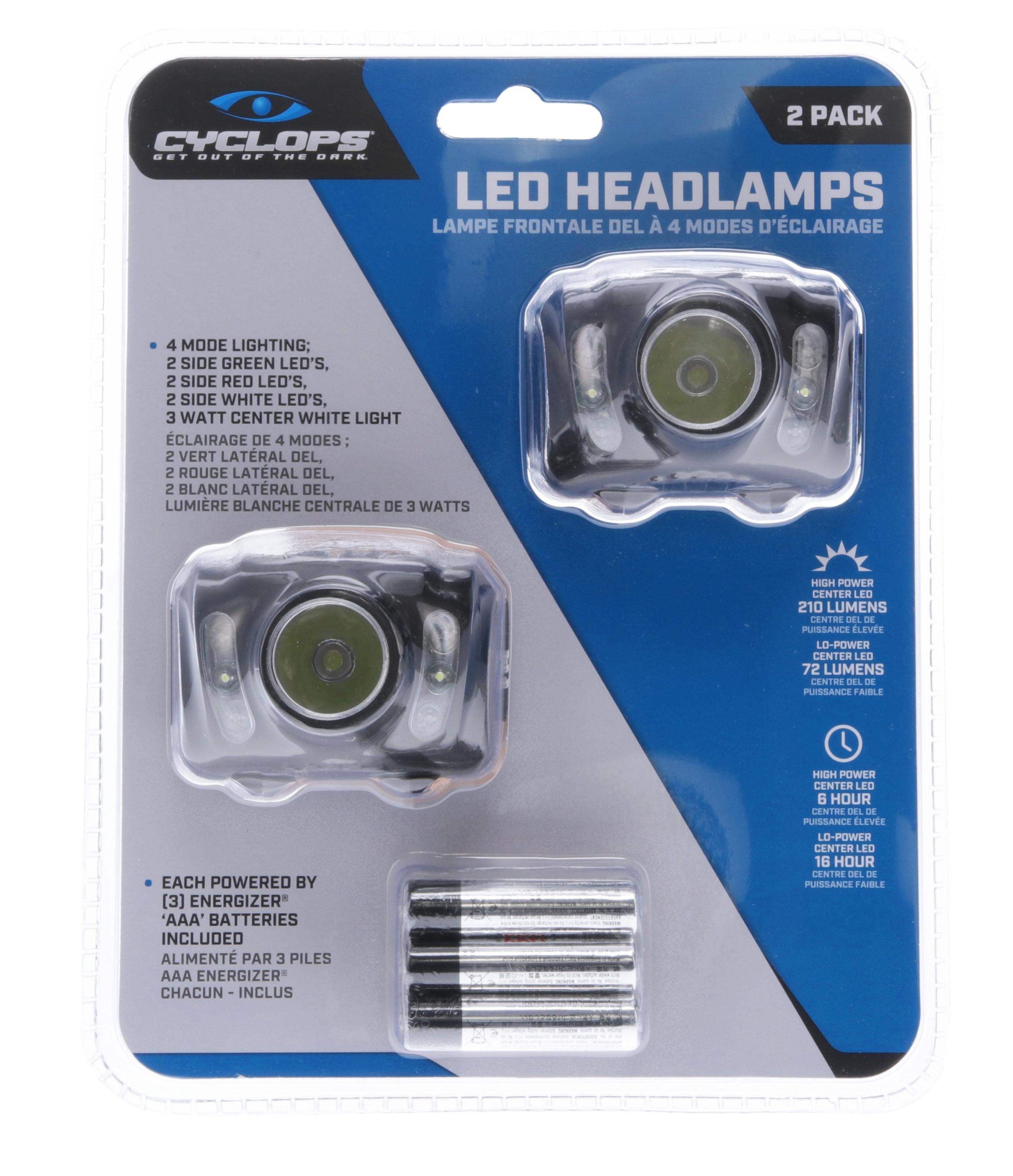 CYCLOPS 210 Lumen Headlamp | Tactical Durable Lightweight Compact Adjustable Stretch Headband Bright 3 Color LED Headlight | AAA Batteries Included | Pack of 2