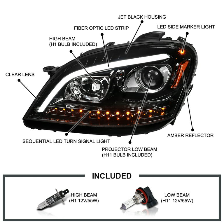 AKKON - For W211 Benz E-Class Halogen Type Black Projector Headlights Left  + Right Side Replacement Pair Set