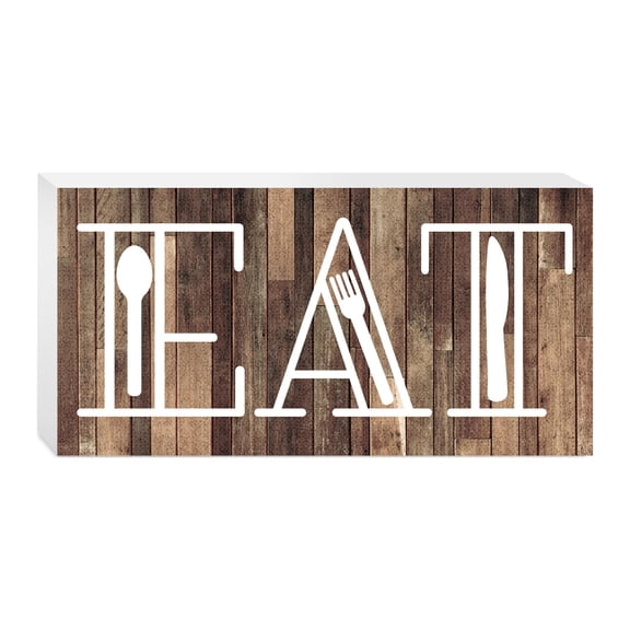 Eat Mocha Parquet White Utensils 10 x 5 Wood Tabletop Sign Plaque