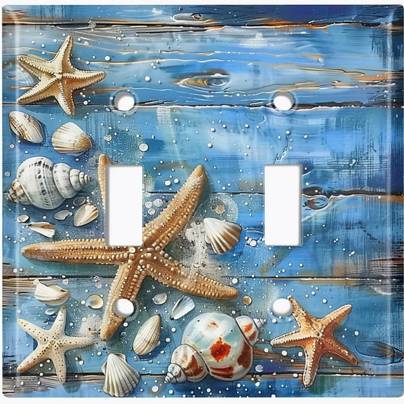 Metal Light Switch Wall Plate Outlet Cover (Printed Image of Starfish and Sea Shells - Double Toggle)