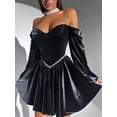 thumbnail image 2 of Women's Sweetheart Neck Velvet Mini Dress Lace Up Bubble Long Sleeve Off Shoulder Slim Evening Party Dress, 2 of 8