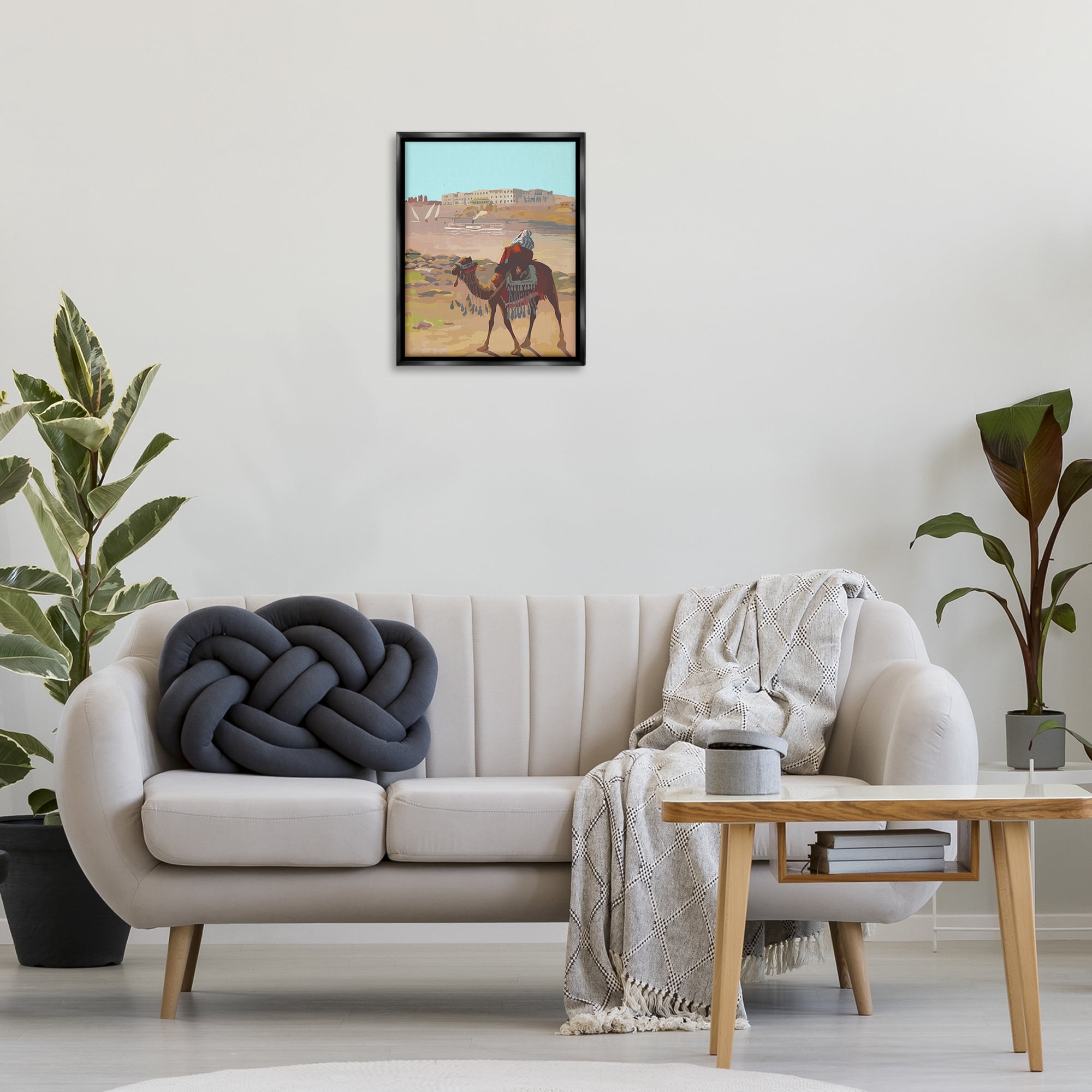 Stupell Industries Camel in Desert Town Landscape Painting Black Floater Framed Art Print Wall Art, 17 x 21