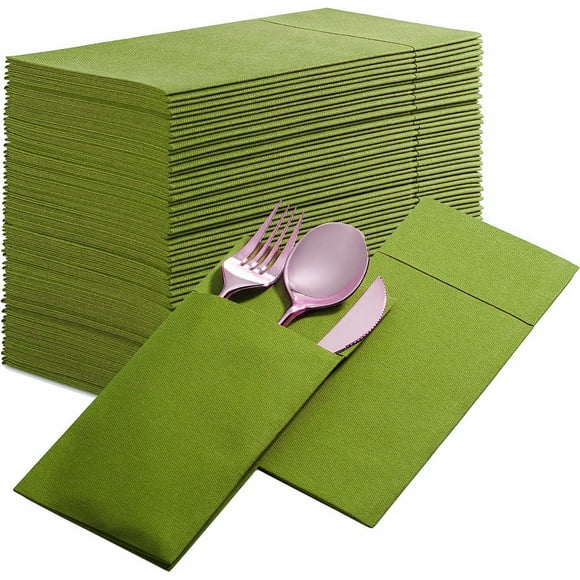 Nvzi 50 servilletas desechables con bolsa para cubiertos incorporada, preplegadas, ideales para la decoración de mesas en restaurantes, bodas y fiestas, color verde claro.