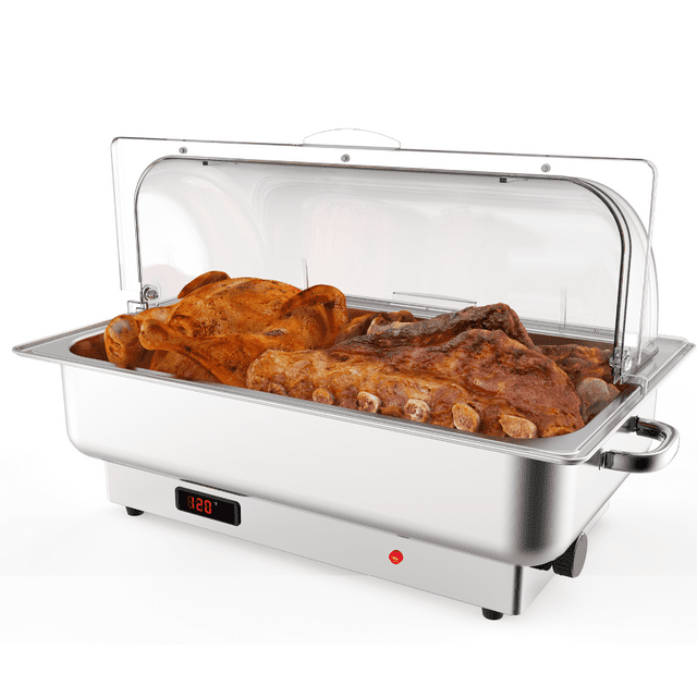 Lot de 2 Plats Électriques Anti-Frottement 9 QT à Température Réglable, Réchauffe-Nourriture à Dessus Roulé avec Poêle Pleine Grandeur, Serveurs et Réchauffe-Buffets en Acier Inoxydable, Réchauffe-Nourriture à Affichage de Température avec Couvercle Transparent pour Fêtes
