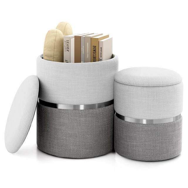 Topbuy Tabouret Gigogne Rembourré 2 Pcs avec Rangement Entrée Repose-Pieds Gris