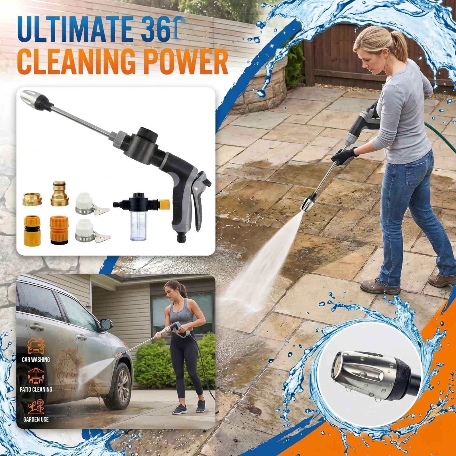 Aquoxis Pressure Washer, Hoses Cordless Power Washer, Universal Compatibility, 360° Rotating for Three Spray Modes C