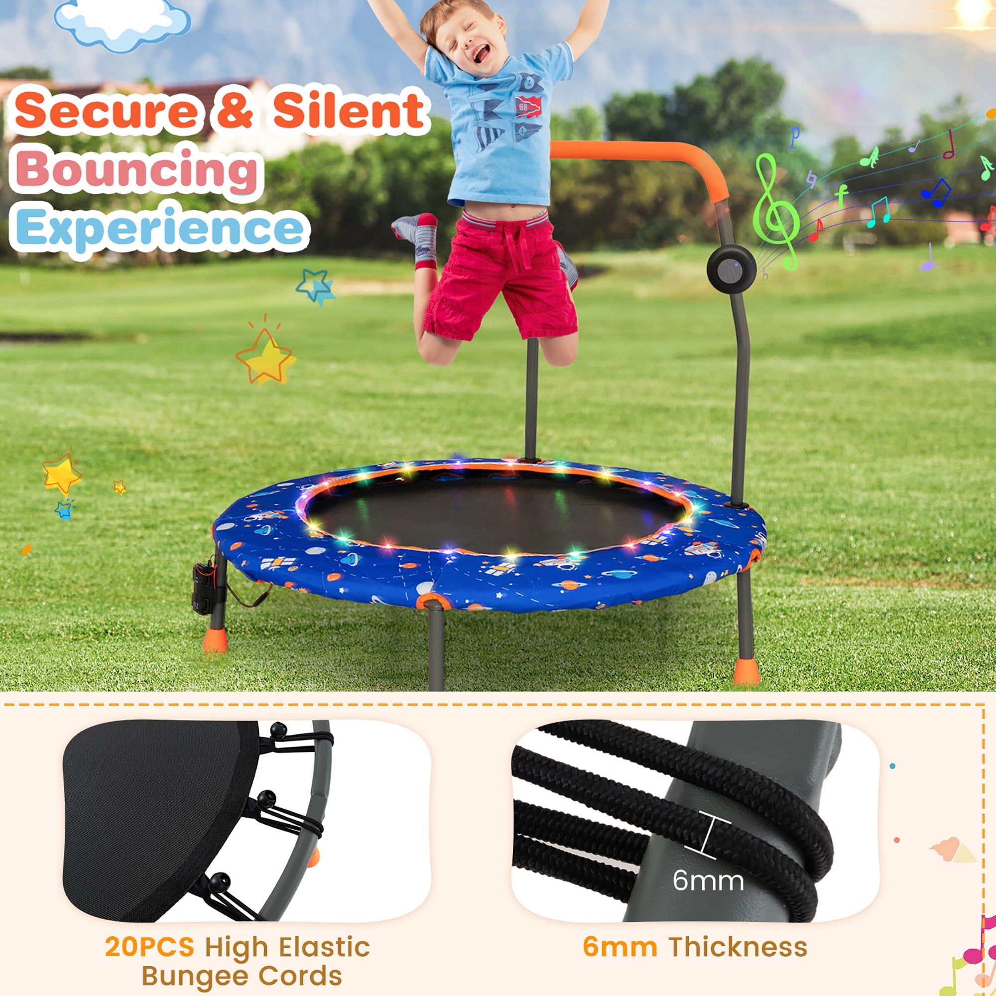 Gymax 36'' Mini Toddler Trampoline w/ LED Bluetooth Speaker Detachable Handle Kids Gifts Blue
