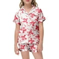 thumbnail image 5 of Silk Girls Pajamas Set Button Down Short Sleeve Bow Print Comfy Sleepwear Set 2 Piece Outfits for Girls Pink,130, 5 of 5
