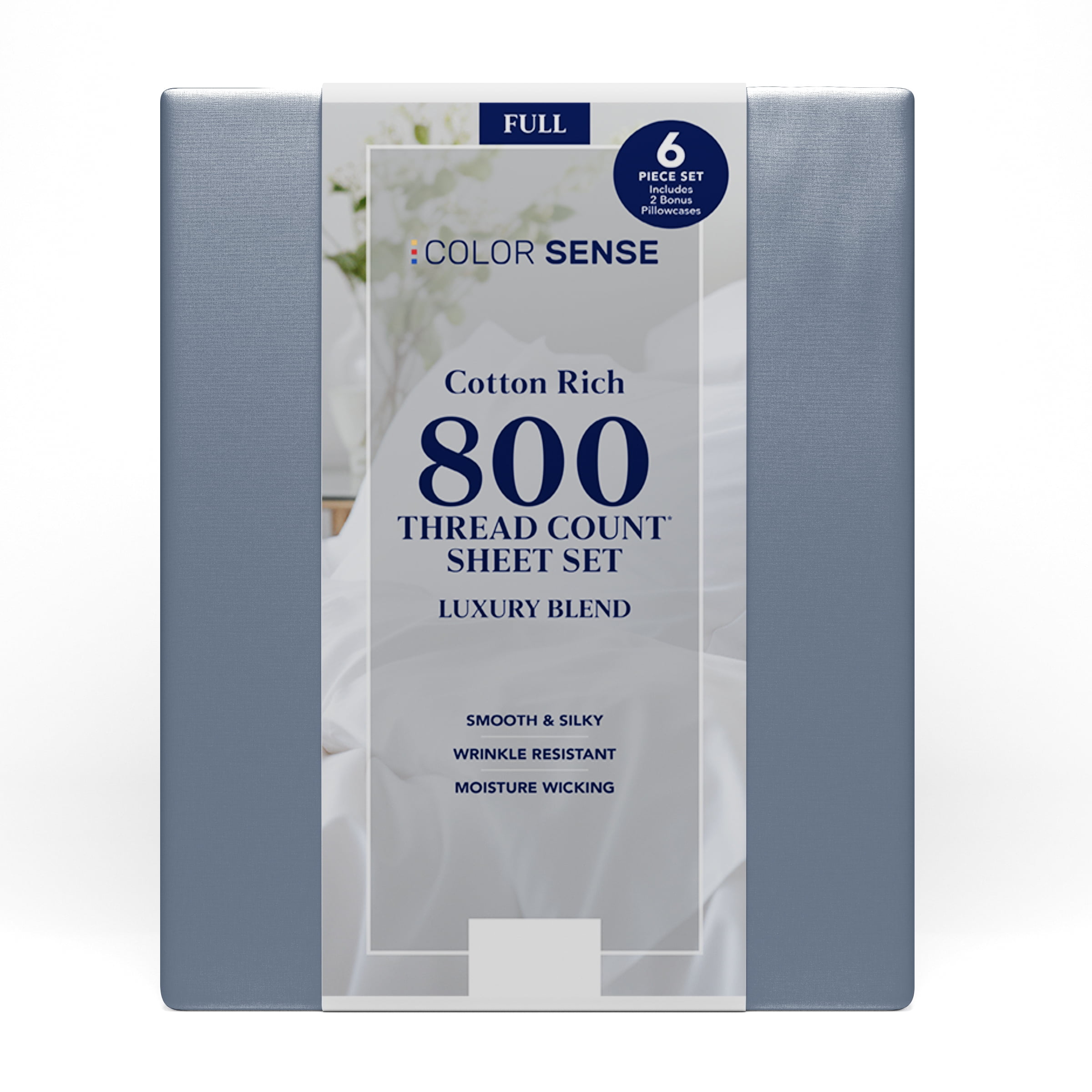 Color Sense 6-Piece 800 Thread Count Blue Cotton Rich Adult Bed Sheet Set, Full - Deep Pocket