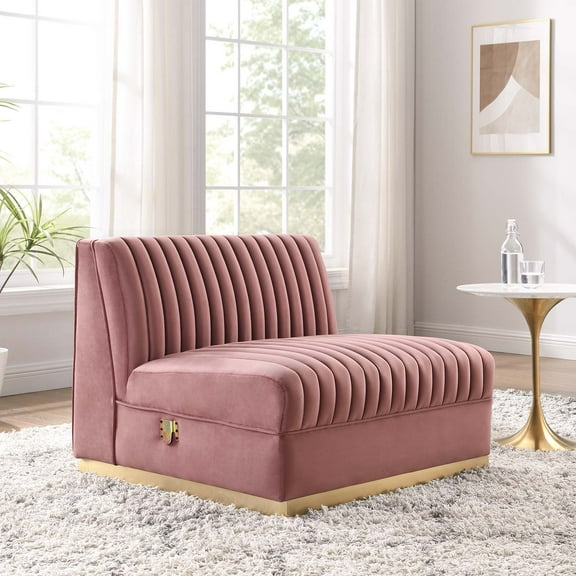 Modway Sanguine Channel Tufted Performance Velvet Modular Sectional Sofa Armless Chair in Dusty Rose
