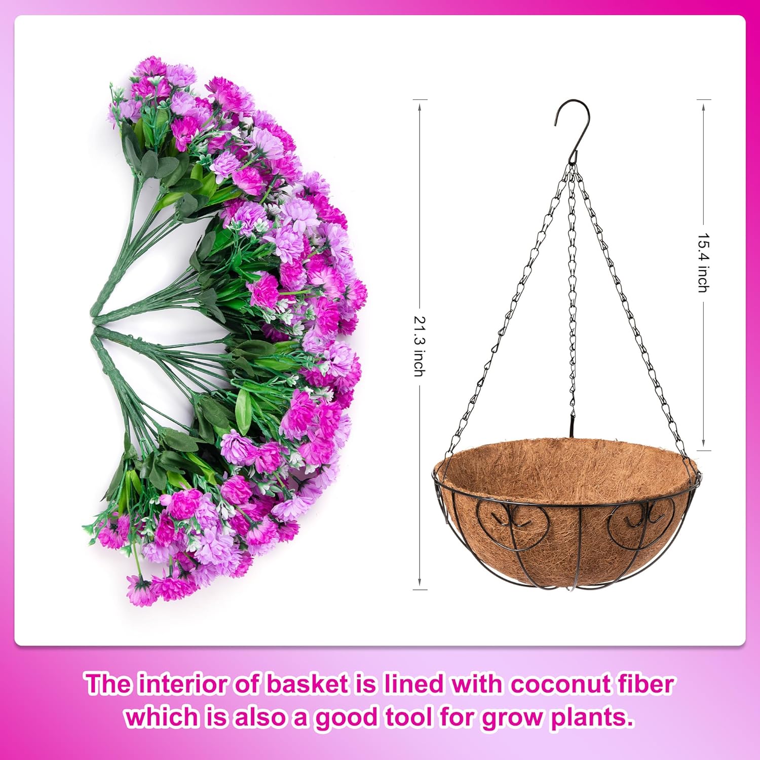 Artificial Hanging Flowers in 12" Basket, Fake Silk Hanging Planter, Faux Colorful Daisy Vines Arrangement with Coconut Lining Baskets Outdoors Indoors Courtyard Spring Decor(Darkorchid)
