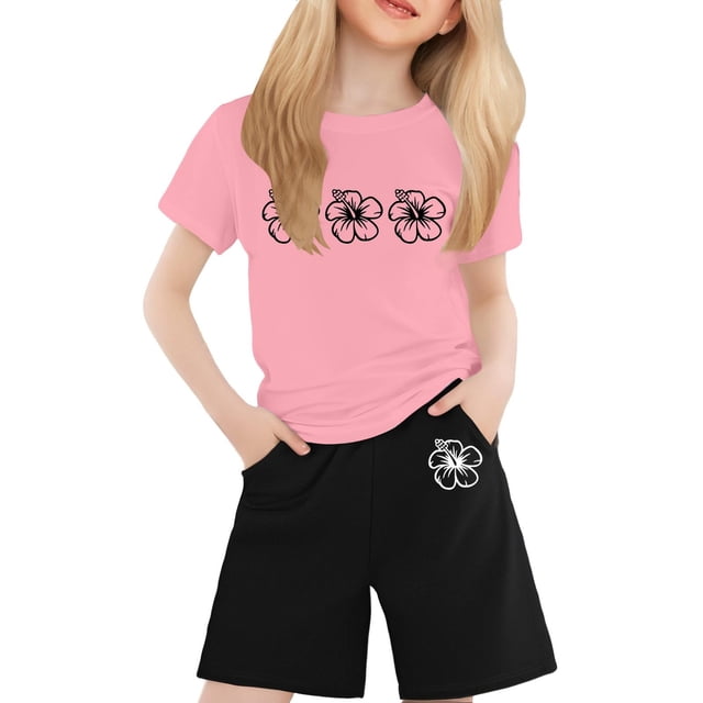 PMVFHDE T-Shirt Imprimé à Manches Courtes Col Rond pour Enfants Garçons et Filles Ensemble 2 Pcs Rose, 2-3 Ans