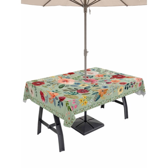 Outdoor Tablecloth with Umbrella Hole and Zipper, Sage Green Floral Waterproof Patio Tablecloth for Dining 60''x102'', Spring Flowers Leaves Farmhouse Wipeable Table Cover for Picnic BBQ Party Patio