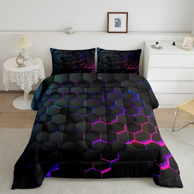 Erosebridal Futuristic Geometry Bedding Sets with Comforter, Honeycomb Abstract Comforter Sets, Teens Adult Reversible Down Comforter, Lightweight Room Decorative, 2pcs