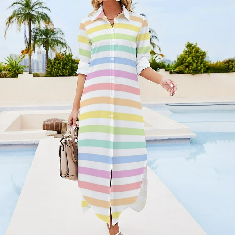 Pastel Rainbow Stripes Long Sleeved Shirt Dress Women's dress summer dress  woman trendy - Walmart.com