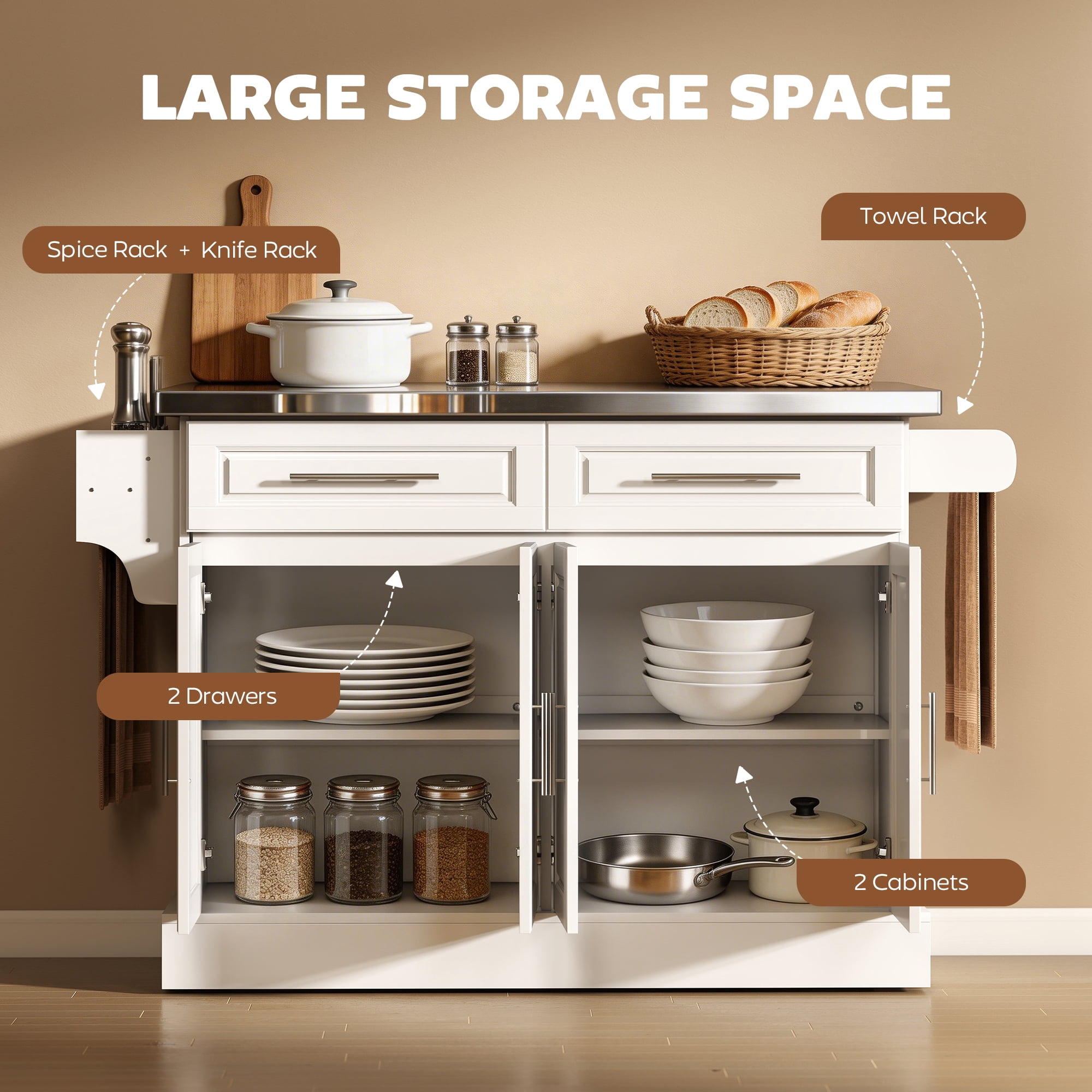 HOMCOM Rolling Kitchen Island Cart with Cabinets and Drawers, White