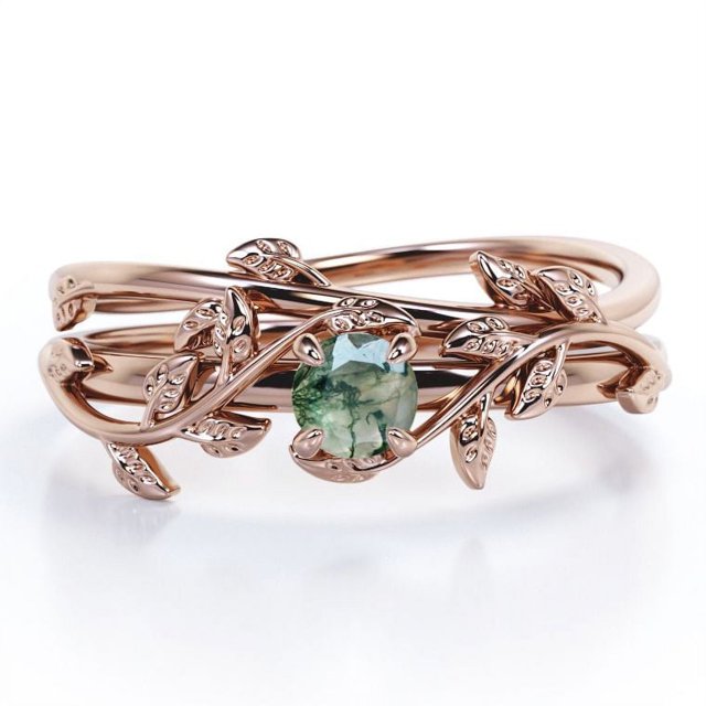 JeenMata Anillo de Bodas Solitario de Ágata Verde Musgo Natural de Forma Redonda de 0,50 Quilates con Diseño Botánico Engastado en Oro Rosa de 18 K sobre Plata