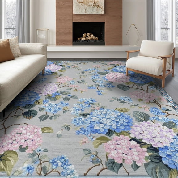 ODIKA 8'x10' Washable Area Rug Hydrangea Floral Bloom Cluster With Eucalyptus Leaf Plaid Border for Dining Room, Large Office, Lounge, Non-Slip Chair-Friendly Mat