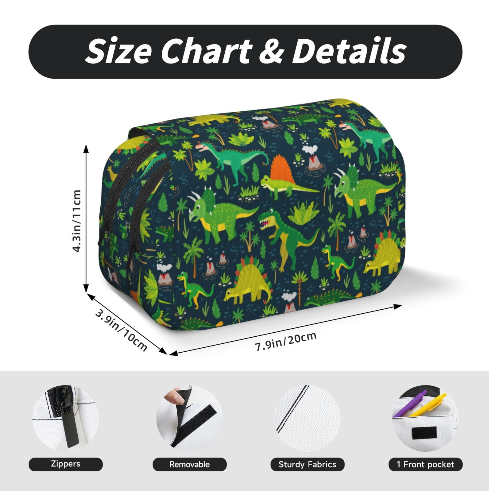 Rateoe Dinosaurs Pattern Double Clamshell Pen Case, Storage Organizer with Two Zipper Compartments– Holds Up to 50 Pencils & Pens