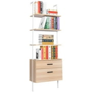STSYG Industrial Bookshelf with Wood Drawers and Matte Steel Frame,Nutural/White