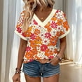 thumbnail image 4 of Inverlee Women's Floral Print Summer Tees V Neck Short Sleeve Bohemian Trendy Tops Holiday Casual Loose Fit Soft Tshirts Orange L, 4 of 7