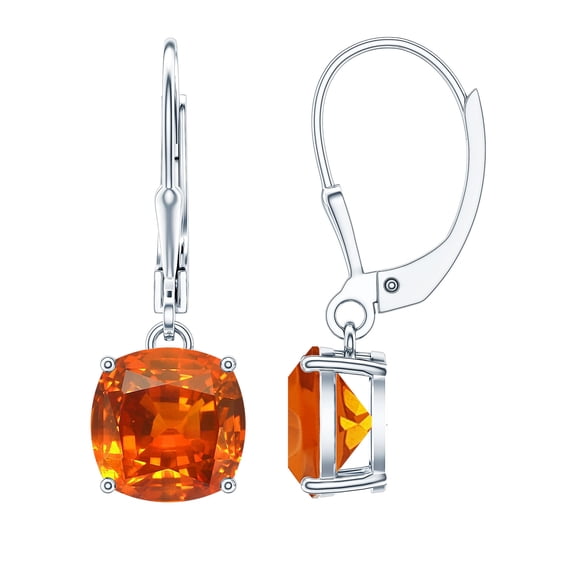 Rosec Jewels Cushion Cut Created Orange Sapphire Solitaire Drop Earrings for Women (8 mm), 10K White Gold