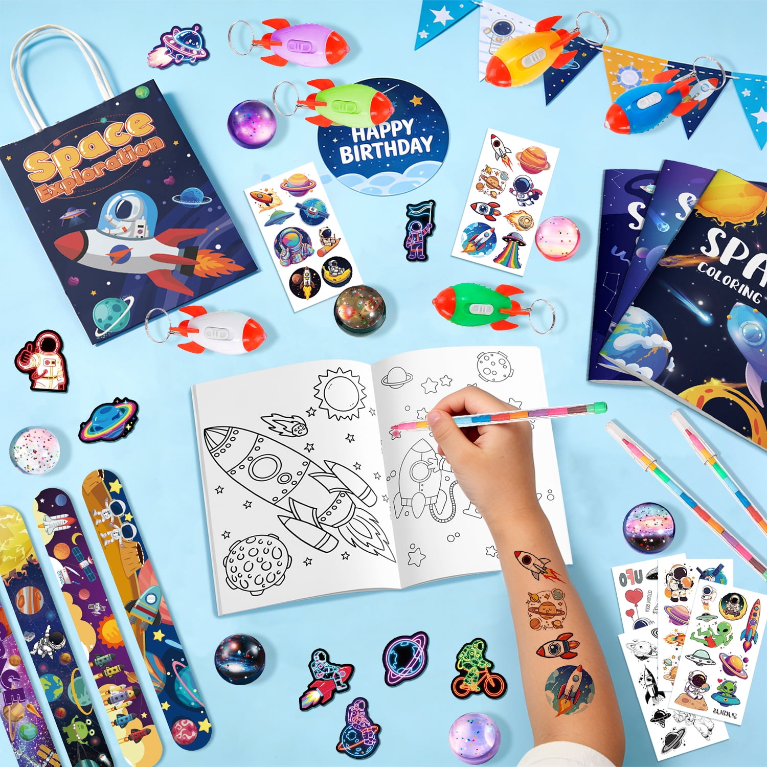 146pcs Space Party Favors Bags Fillers Includ Outer Space Goodie Bags Stickers Stamps Bracelets Solar System Coloring Books Pens etc for Astronaut Birthday Party Decorations Supplies