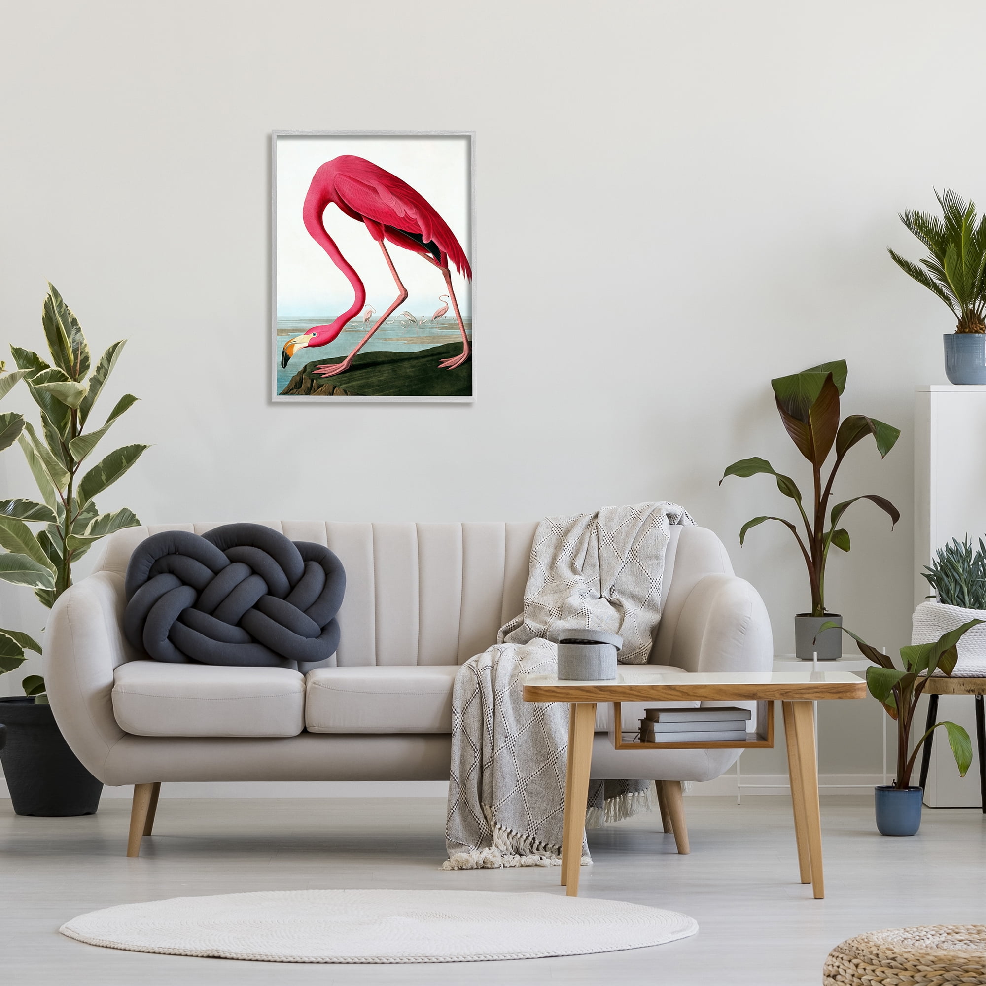 Stupell Industries Flamingo Stepping Near Pond Animals & Insects Painting Gray Framed Art Print Wall Art, 24 x 30