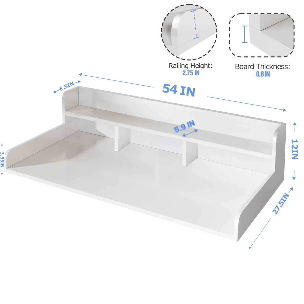 Modern Washer Dryer Countertop with 2-Tier Shelf,Laundry Room Countertop Organization Storage with 2.75" H Guard Edge Rails,Non-Slip Pad,Waterproof and Easy to Clean,54"W x 27.55"D,White