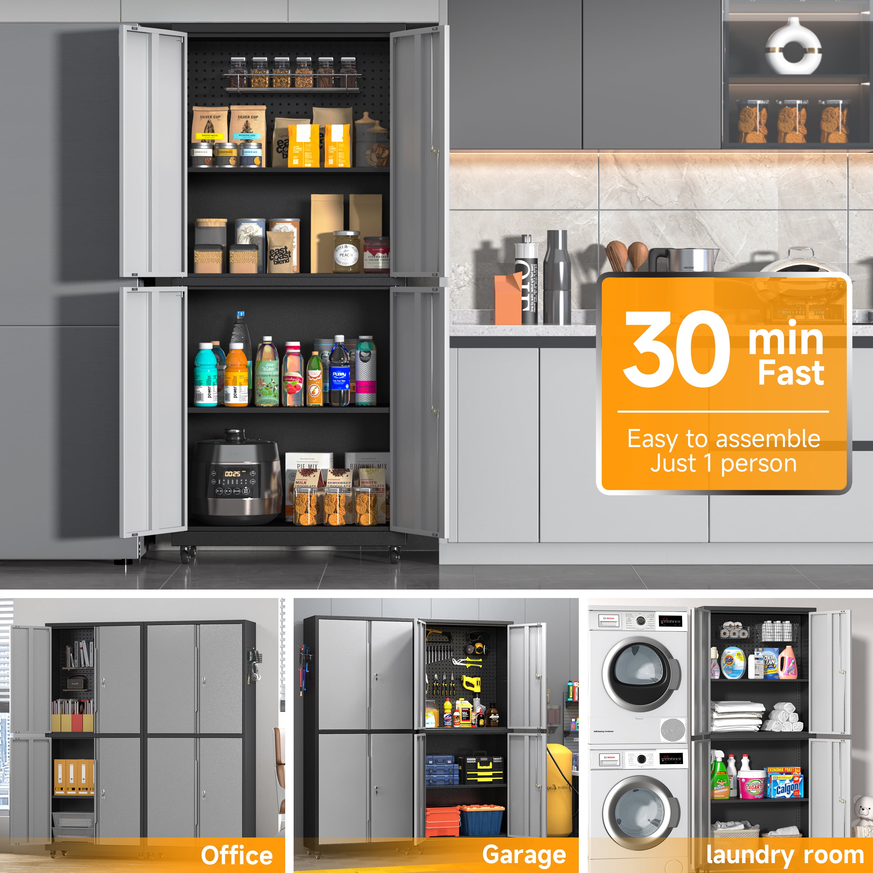 Rolling Garage Storage Cabinet with Wheels and Pegboard,Metal Storage Cabinet with Doors and Adjustable Shelves,Lockable Steel Tool Cabinet for Garage,Warehouse,Utility Room,Home,Office(Black Gray)