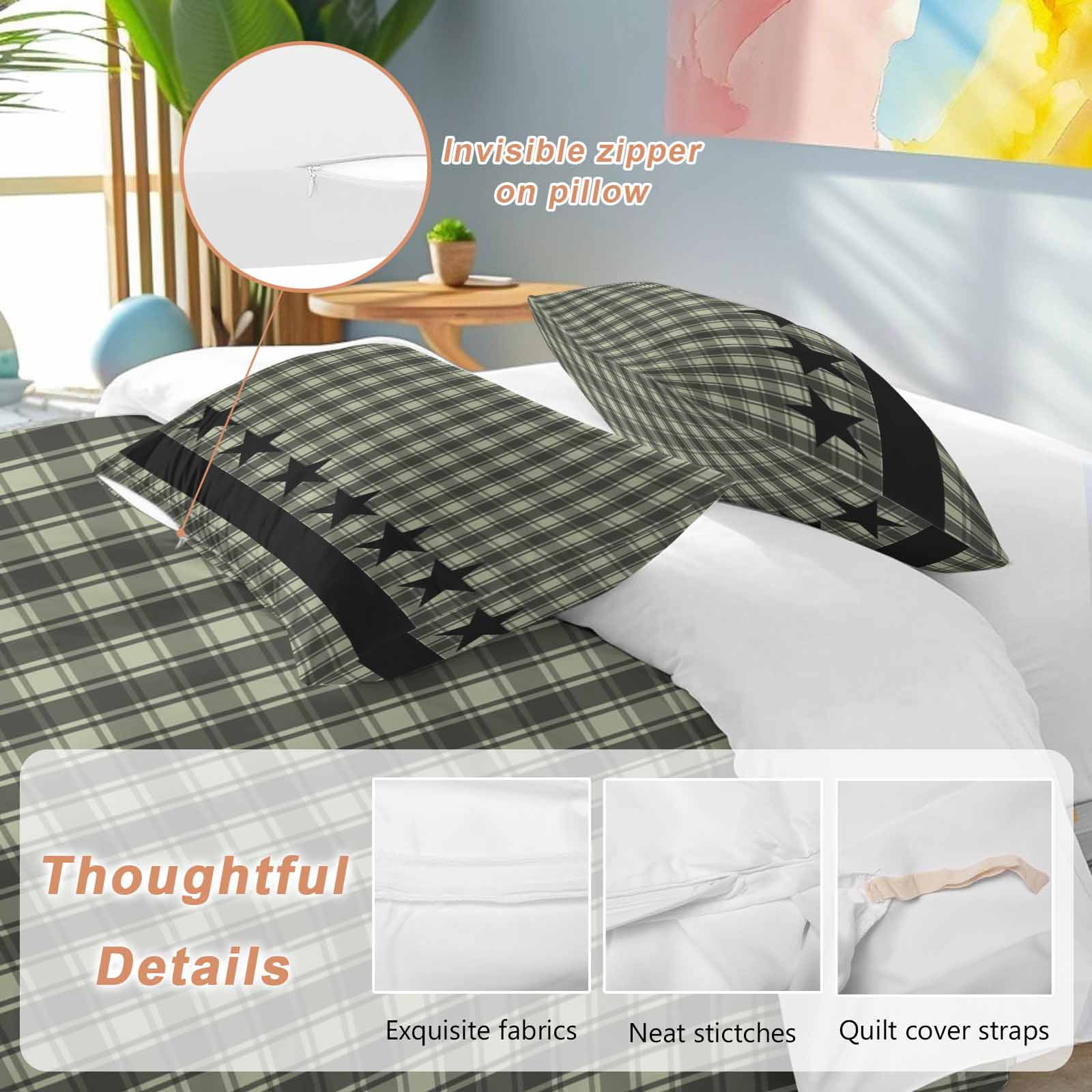 Sage Green Black Plaid Bedding 3 Piece Duvet Cover Set Twin Size, Vintage Star Buffalo Check Rustic Soft Microfiber Comforter Cover with Zipper Closure & Pillowcases, FadeResistant Quilt Cover