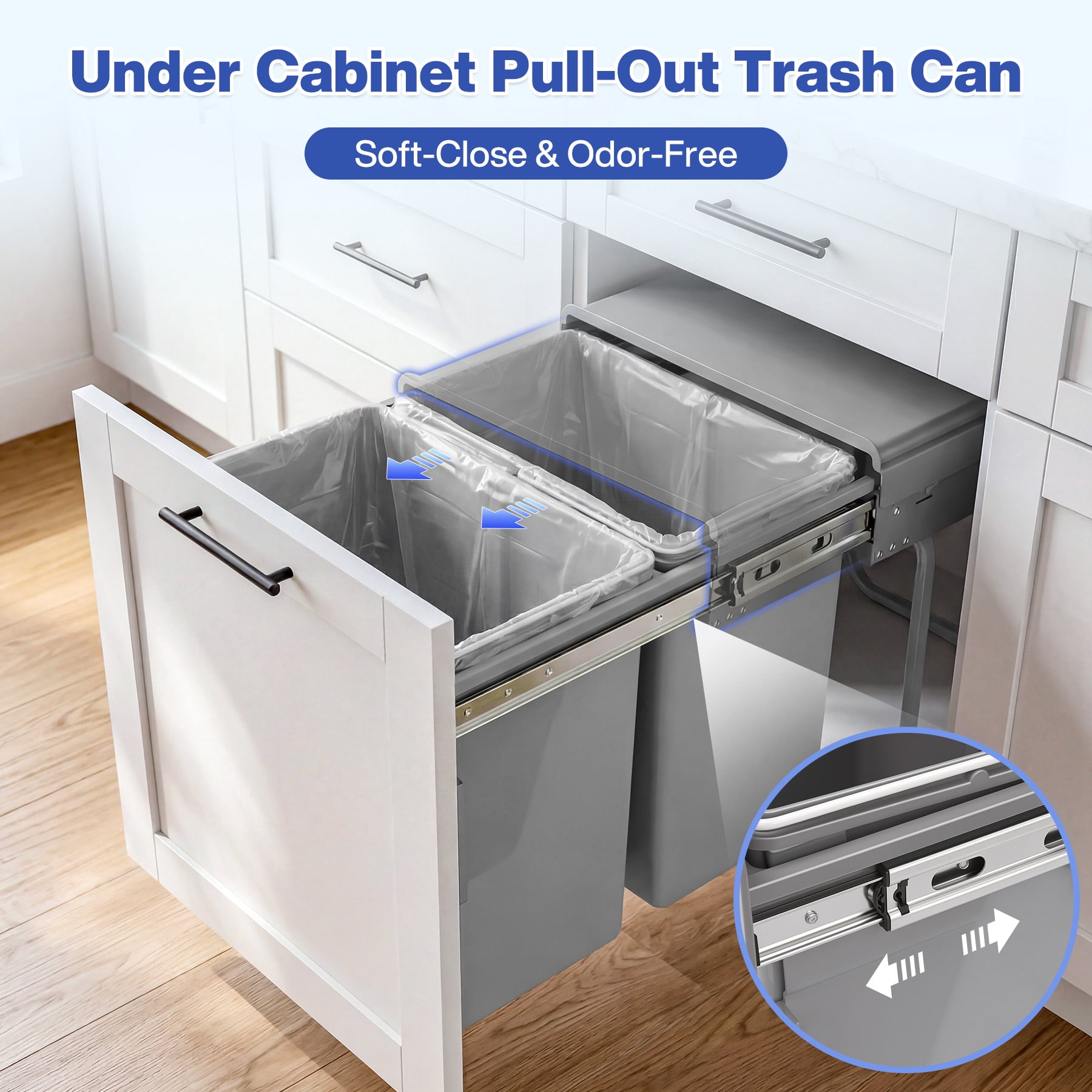 Fnova 44 Qt Double Pull Out Under Kitchen Cabinet Trash Can, Soft-Close Slides Under Sink Garbage Waste Recycling Bin, Holder Storage Drawer Waste Bin with Lid for Cabinet, Gray