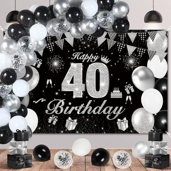 40th Birthday Decorations for Men Women, Black Silver Happy 40th Birthday Banner, 40th Balloons, 40th Birthday Backdrop Banner Party Decorations