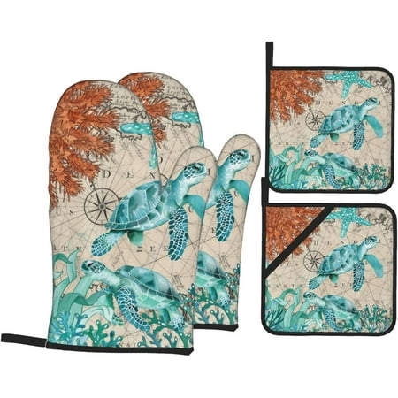 

Sea Turtle Oven Mitts and Pot Holders Sets of 4 Ocean Animal Landscape Gloves Potholders Heat Resistant Hot Pads Nautical Map Area Coral Water Grass Mittens Potholders Kitchen Accessories Home Decor