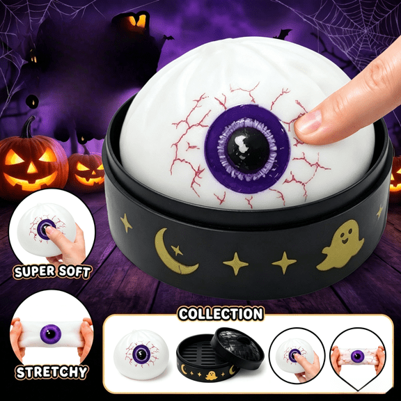 Halloween Dumpling Squishy Scary Eyeball Steamed Bun Toy with Realistic Vein Details and Black Themed Steamer Case for Spooky Festive Stress Relief