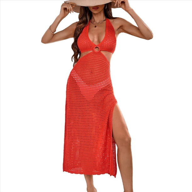 Vestido con Escote en V para Mujer, Estilo Halter, Sin Espalda, con Cintura Ahuecada Naranja Rojo S
