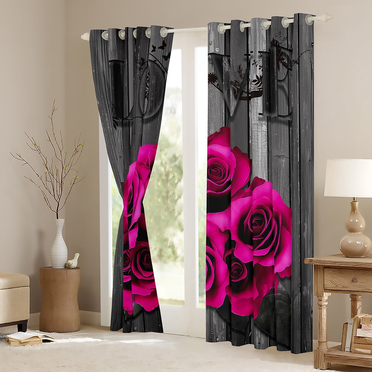 Hot Pink Rose Flowers Window Curtains 42"Wx84"L Rustic Rose Floral Curtains Valentine'S Day Couple Window Curtains For Bedroom Living Room,Romantic Blossom Window Treatments 2 Panels Black Grey