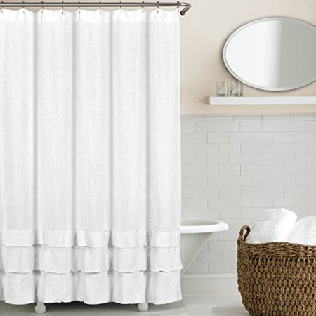 Echelon Home Ruffled Washed Belgian Linen Shower Curtain White