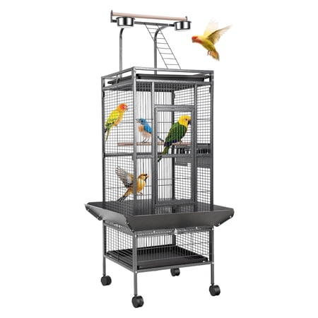 61" Extra Large Bird Cage, Corner Wide Parrot Cage, Large Wrought Iron Rolling Bird Cage with 360 Degree Wheels for African Grey Parrots, Macaw Rooftop Play & Lock Protection