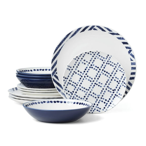Oneida Harbour 12-Piece White & Blue Porcelain Tableware Set (Service for 4)