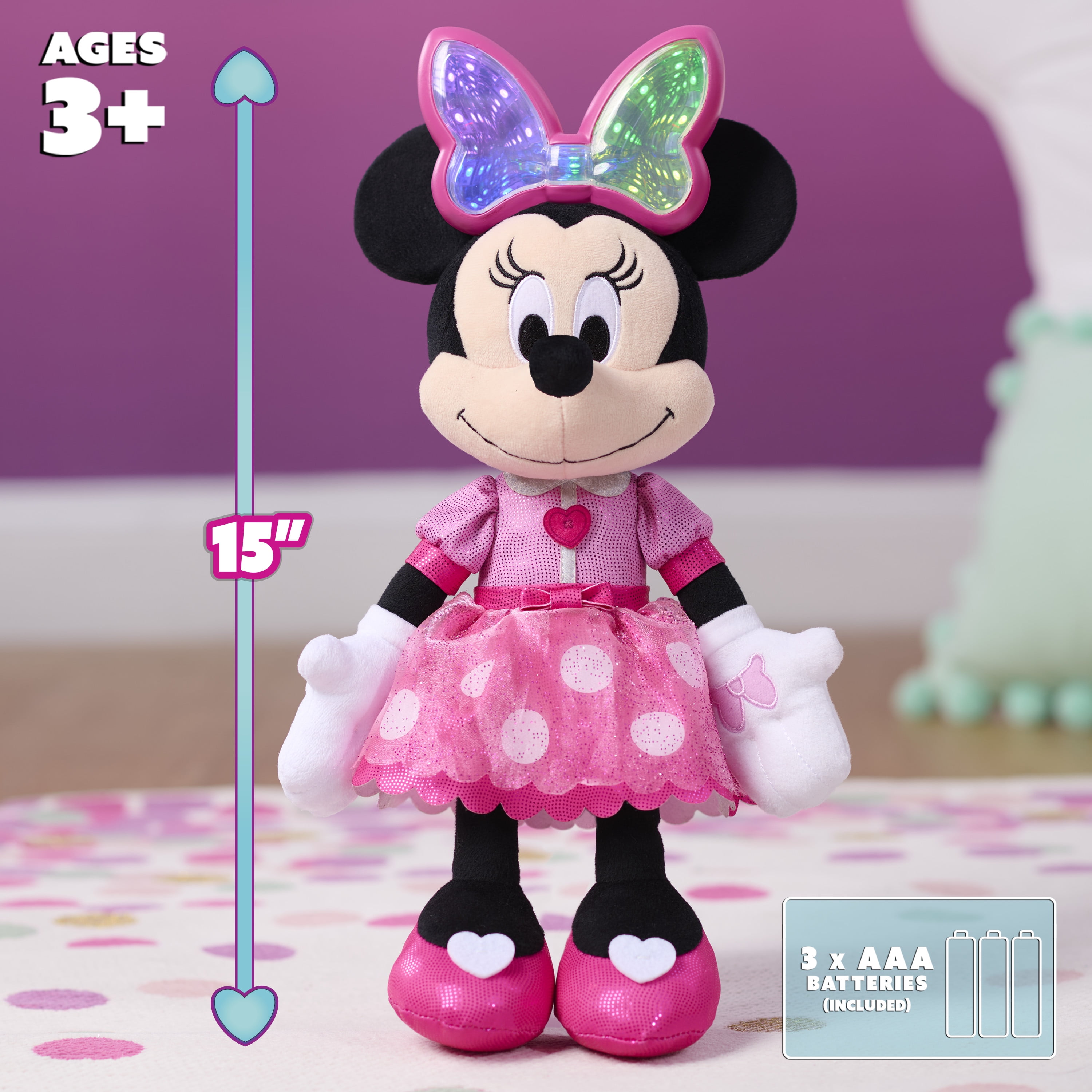 Disney Junior Colorfinity Minnie Mouse, 15 in Interactive Plush, Lights and Sounds, Girls Ages 3 Up