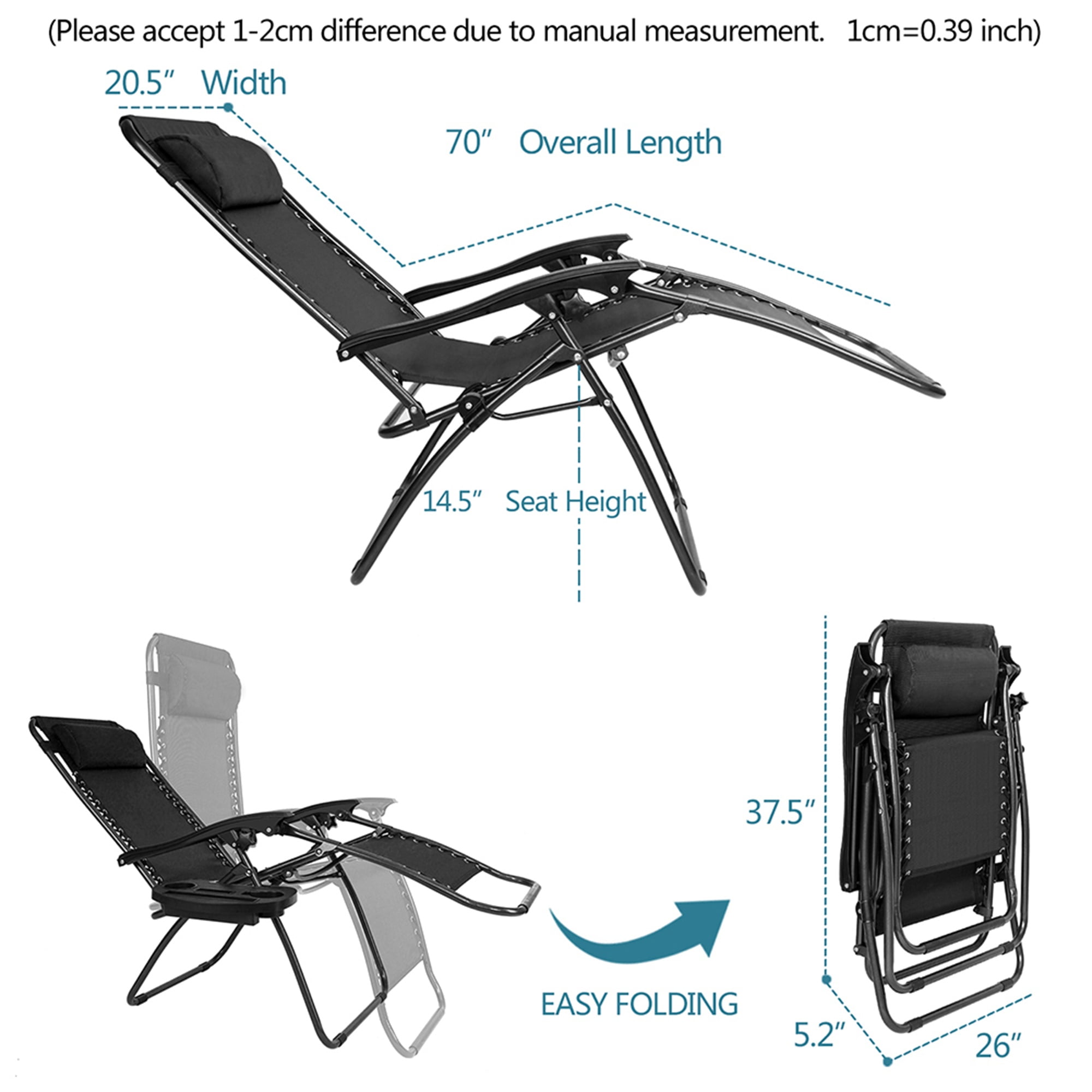 Aimee Lii Zero Gravity Chair Pack 2, Outdoor Lounge Patio Chairs with Pillow and Utility Tray Adjustable Folding Recliner for Deck,Patio,Beach,Yard, Black