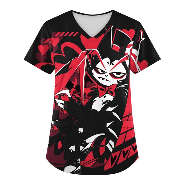 Hazbin Hotel Más Tamaño Impreso Scrub Uniforme de Trabajo Tops Para las mujeres V-cuello de Navidad Imprimir Manga Corta Diversión Camisetas Ropa de trabajo Camiseta con bolsillos Vermilion/L