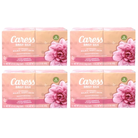 4 Pack - Caress Daily Silk Moisturizing Soap, White Peach & Orange Blossom, 3.75 oz 6 Bars