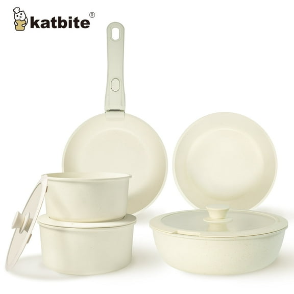 Katbite Nonstick Cookware Set 11Pcs-Detachable Handle, Induction Safe, Stackable & Oven-Friendly, Cream White
