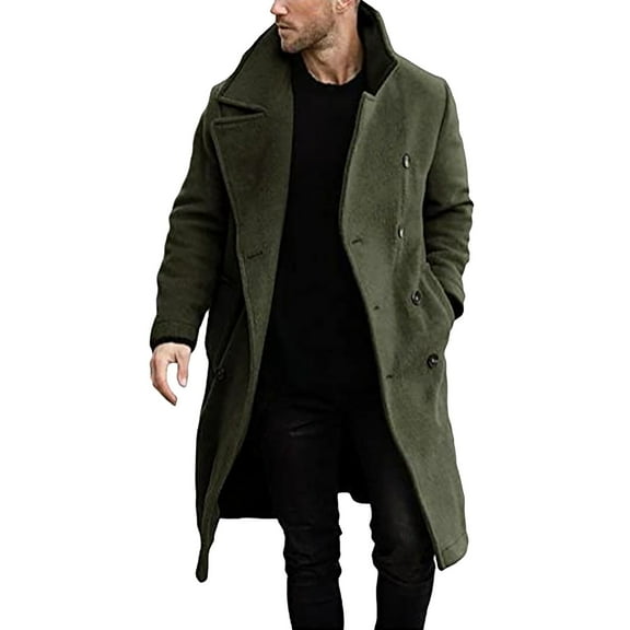 WNEGSTG Men's Trench Coat Winter Warm Solid Pocket Woolen Coat Thick Coat Mid Length