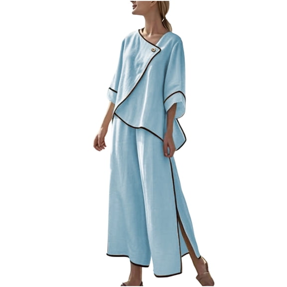 2 Piece Linen Sets for Women Summer Travel Holiday Lounge Outfits Flowy Causal 3/4 Sleeve Shirts Wide Leg Palazzo Pants Set